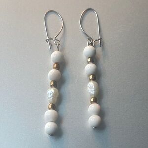 Artisan vintage genuine pearl White and Gold Beaded pierced Earrings